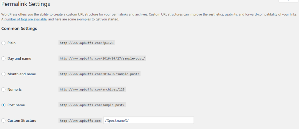 WordPress permalink settings