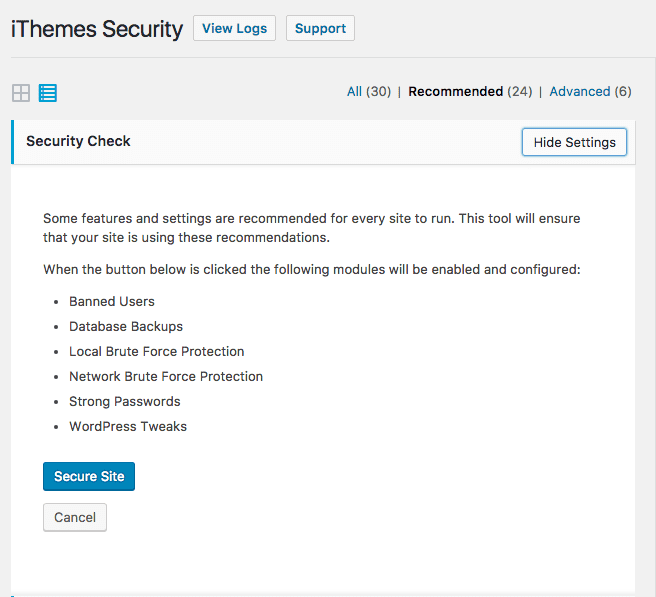 The Security Check screen in iThemes Security