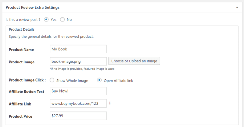 WP Product Review Lite Example. WP Dashboard > Posts > Edit a post > Product Review Extra Settings section/tab