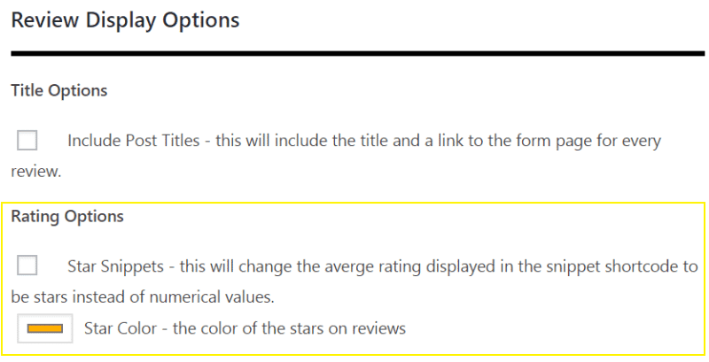 Rich Reviews Settings. WP Dashboard > Rich Reviews > Options