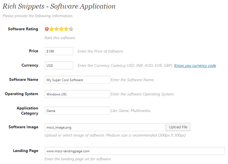 All in One Schema.org Rich Snippets user interface. Here you can add the price, currency, name, rating and other information for the "software application"..