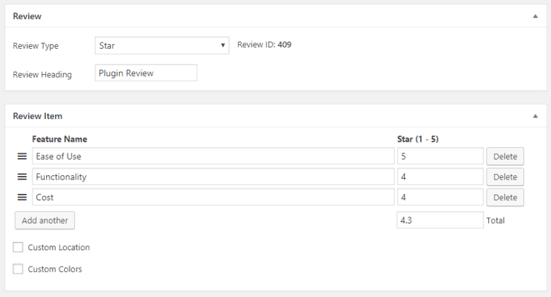 WP Review Example. WP Dashboard > Posts > Edit a post > Review section/tab