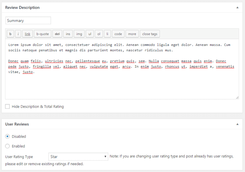 WP Review Example. WP Dashboard > Posts > Edit a post > Review description
