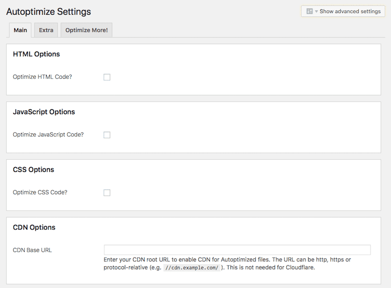 autoptimize settings