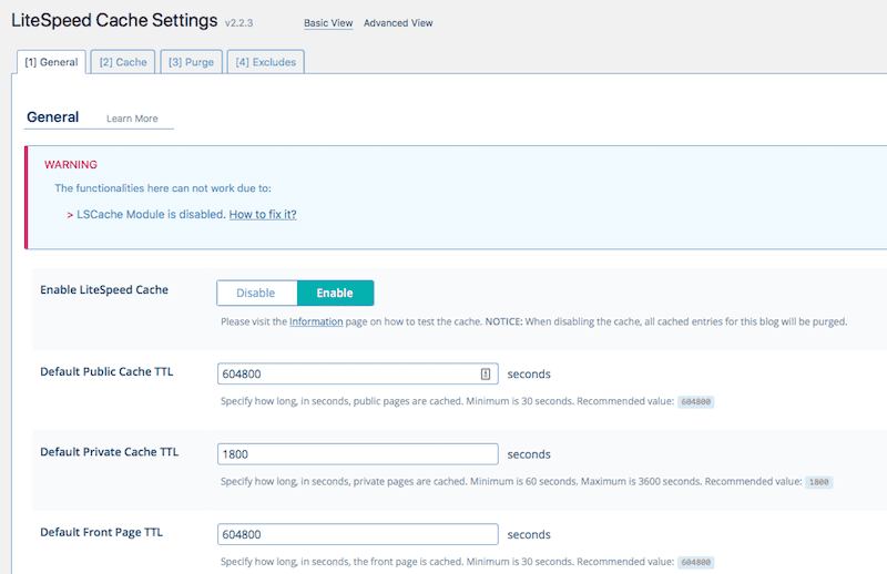 litespeed cache settings