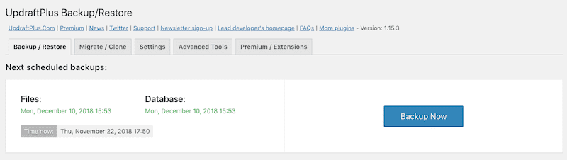 UpdraftPlus Backup Now