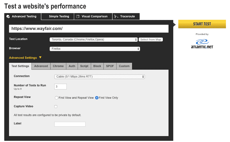 WebPageTest Advanced Settings 1