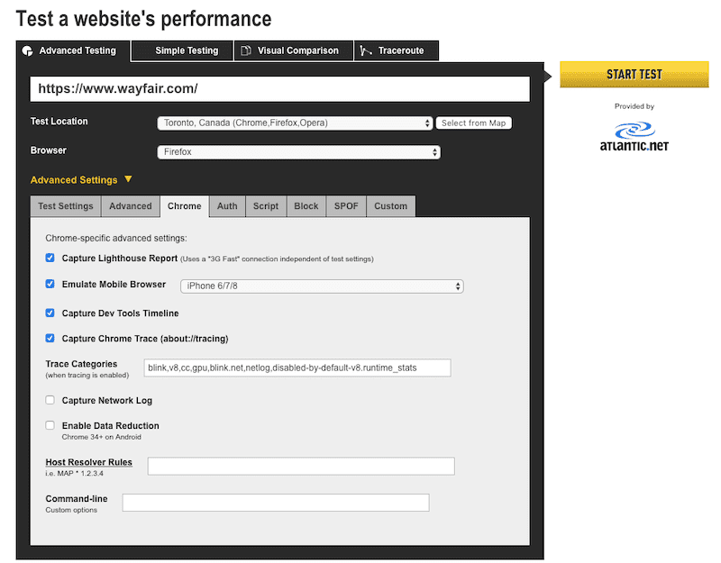 WebPageTest Advanced Settings 2