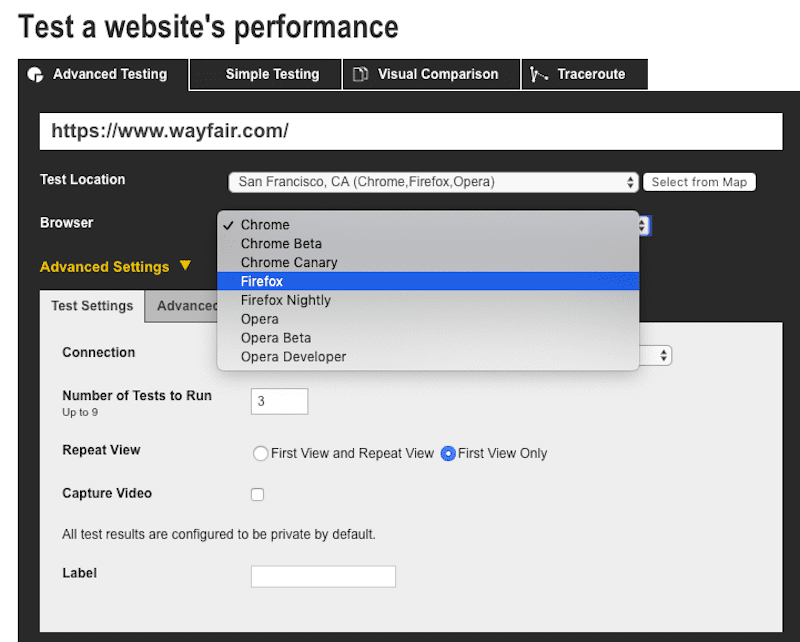 WebPageTest Location