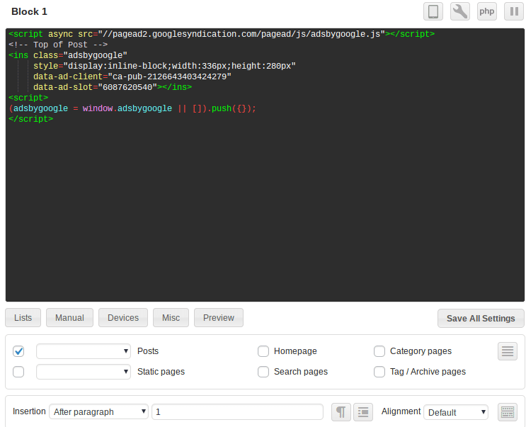 ad inserter settings