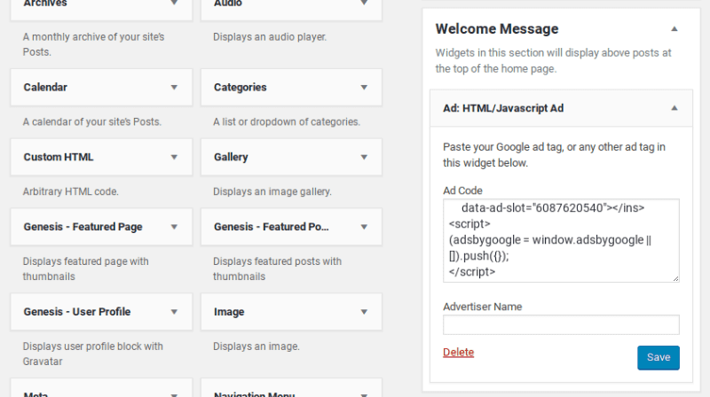 wordpress ad widget settings