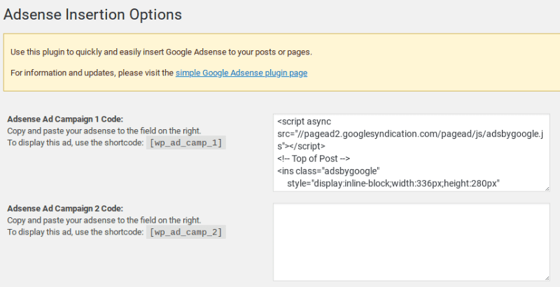 wp simple adsense insertion settings