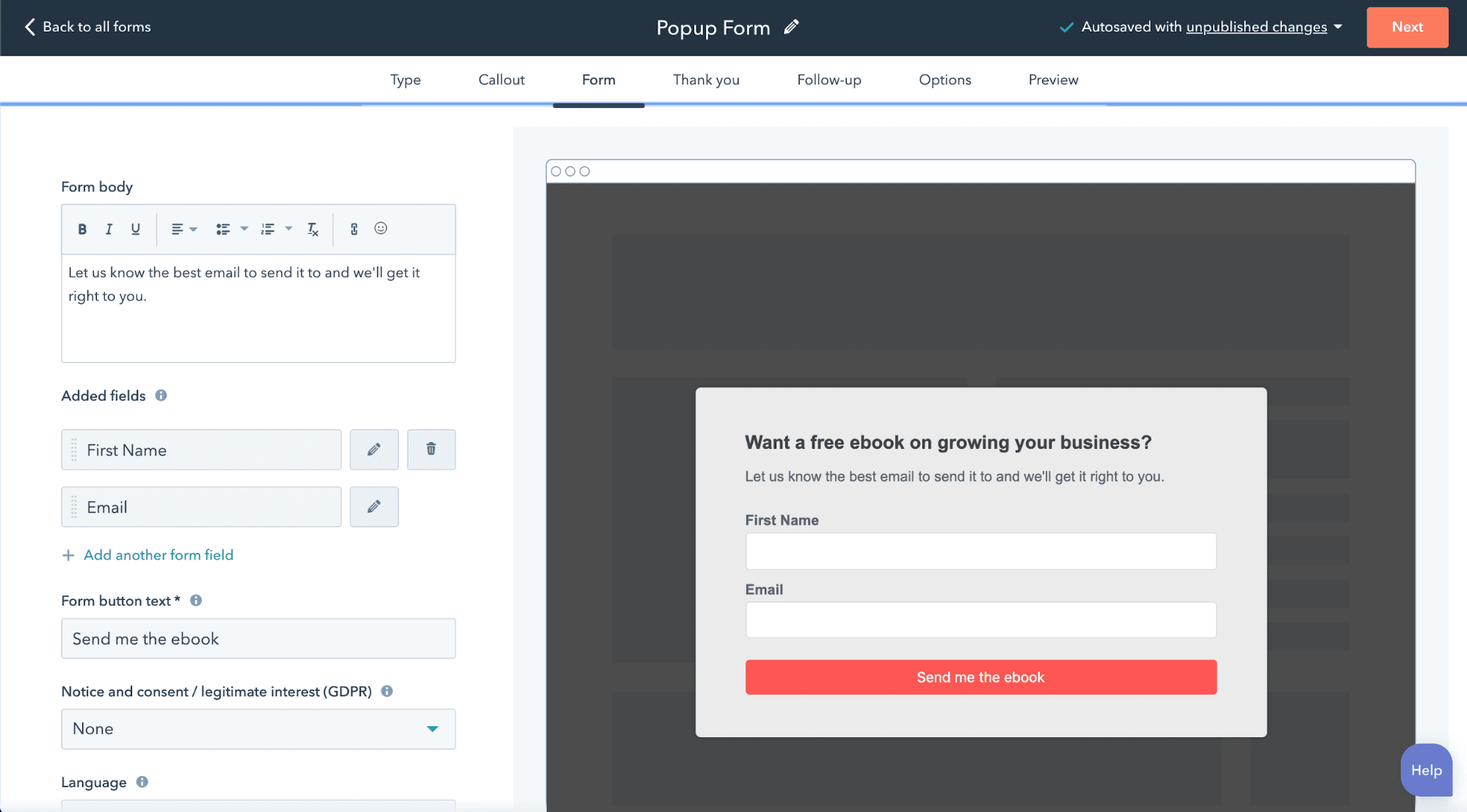 popup form