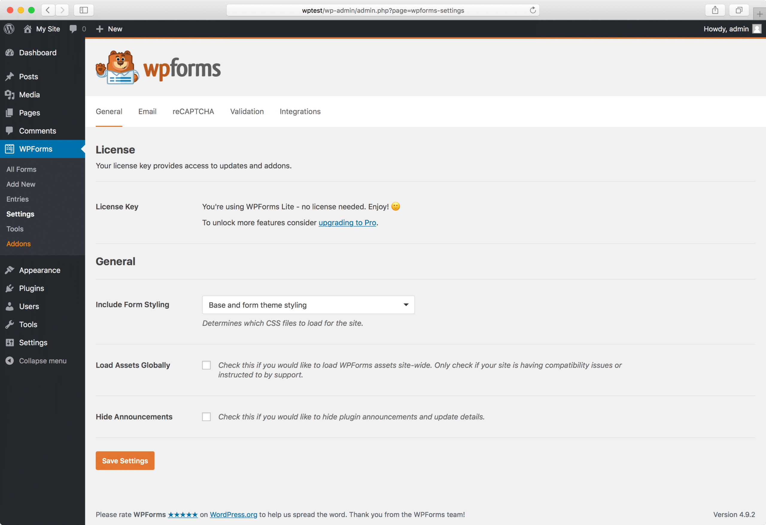 WPForms settings