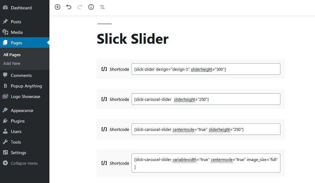 Adding sliders to a page with the Slick Image Slider shortcode.