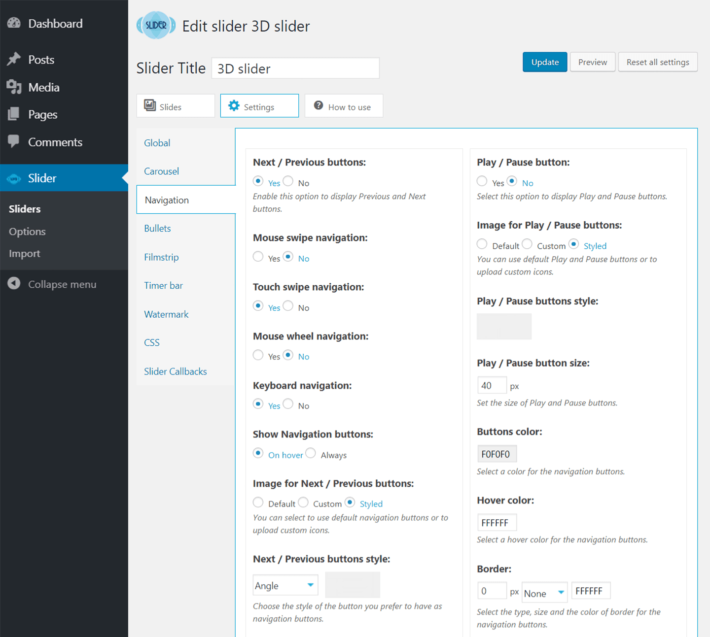 Adjusting the settings in Slider by 10Web.