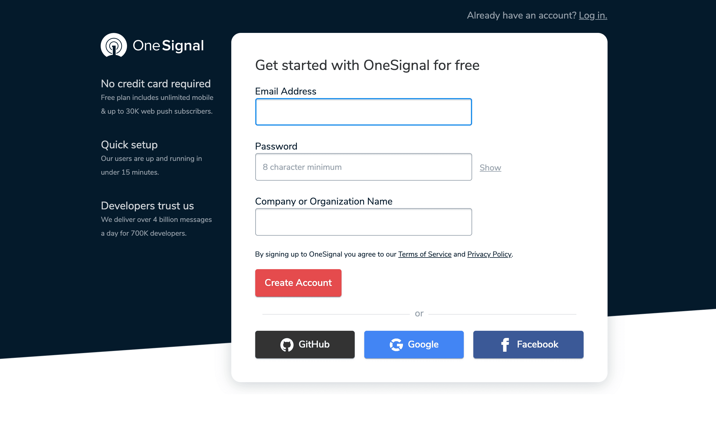 Signing up for a OneSignal account.