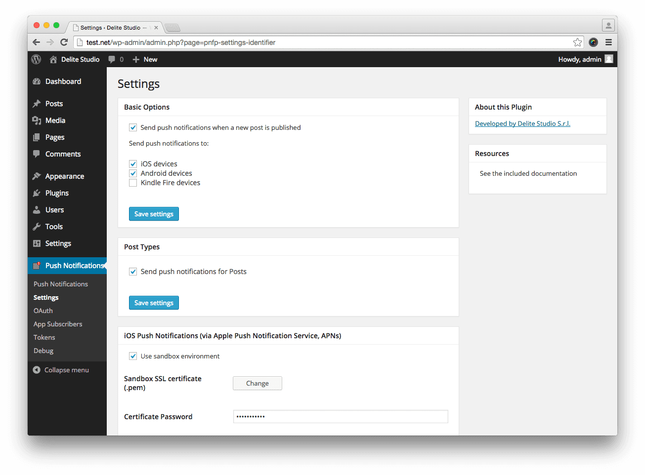 Configuring the settings for the Push Notifications for WordPress plugin.