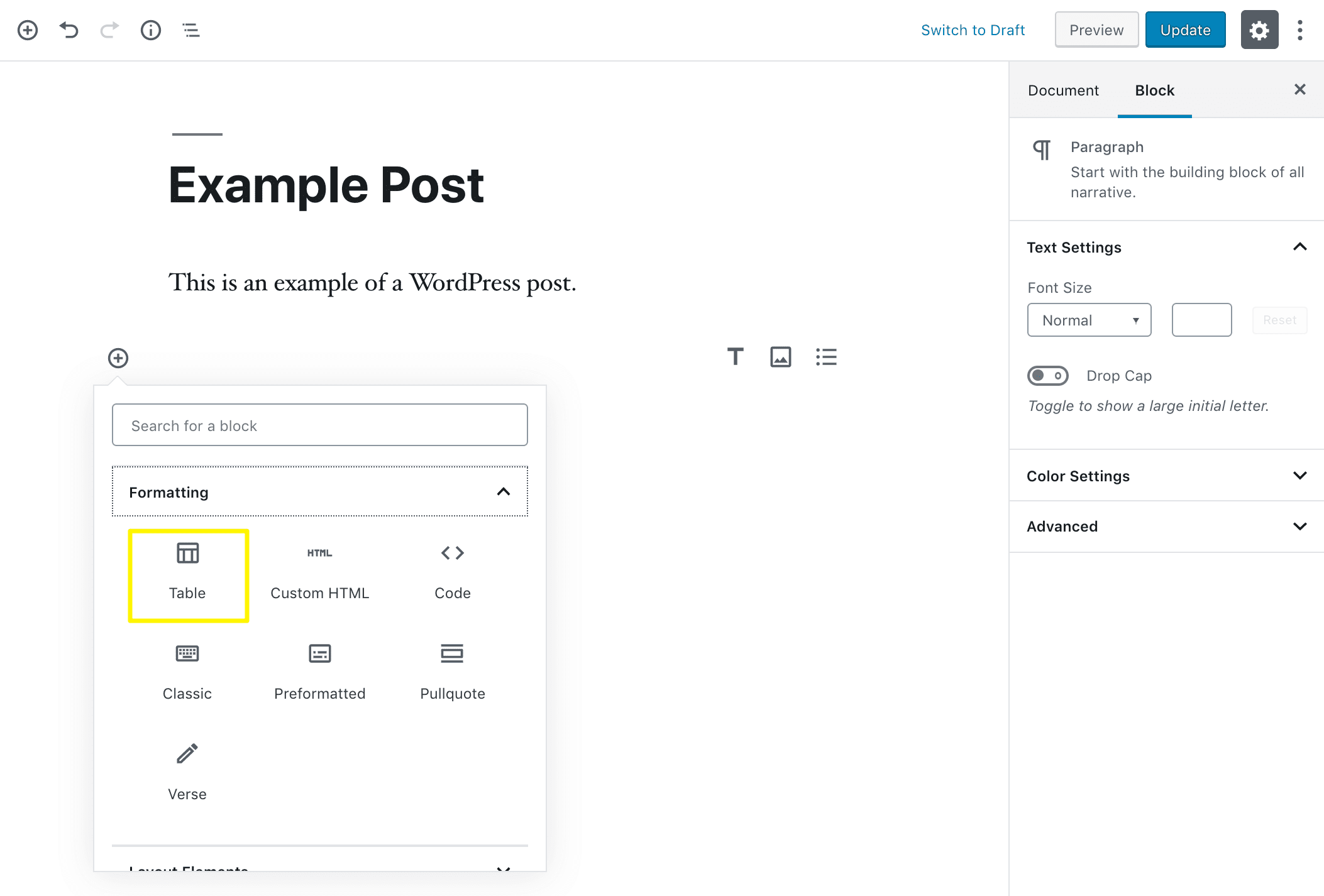 Adding a Table block in WordPress.