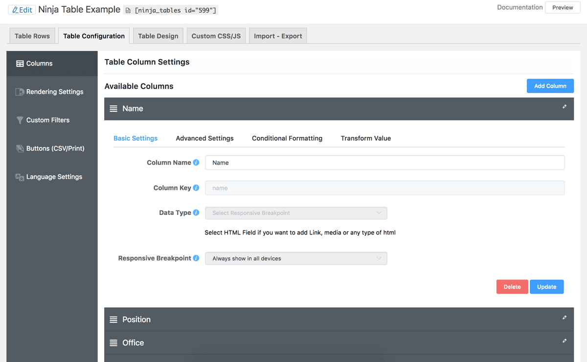 Configuring a new table with the Ninja Tables plugin.