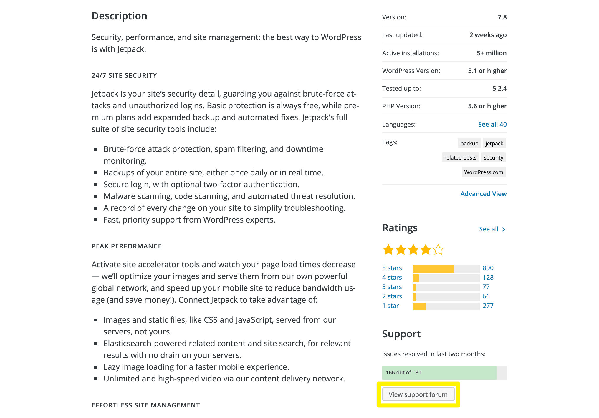 Accessing the plugin support forum via the WordPress Plugin Directory.