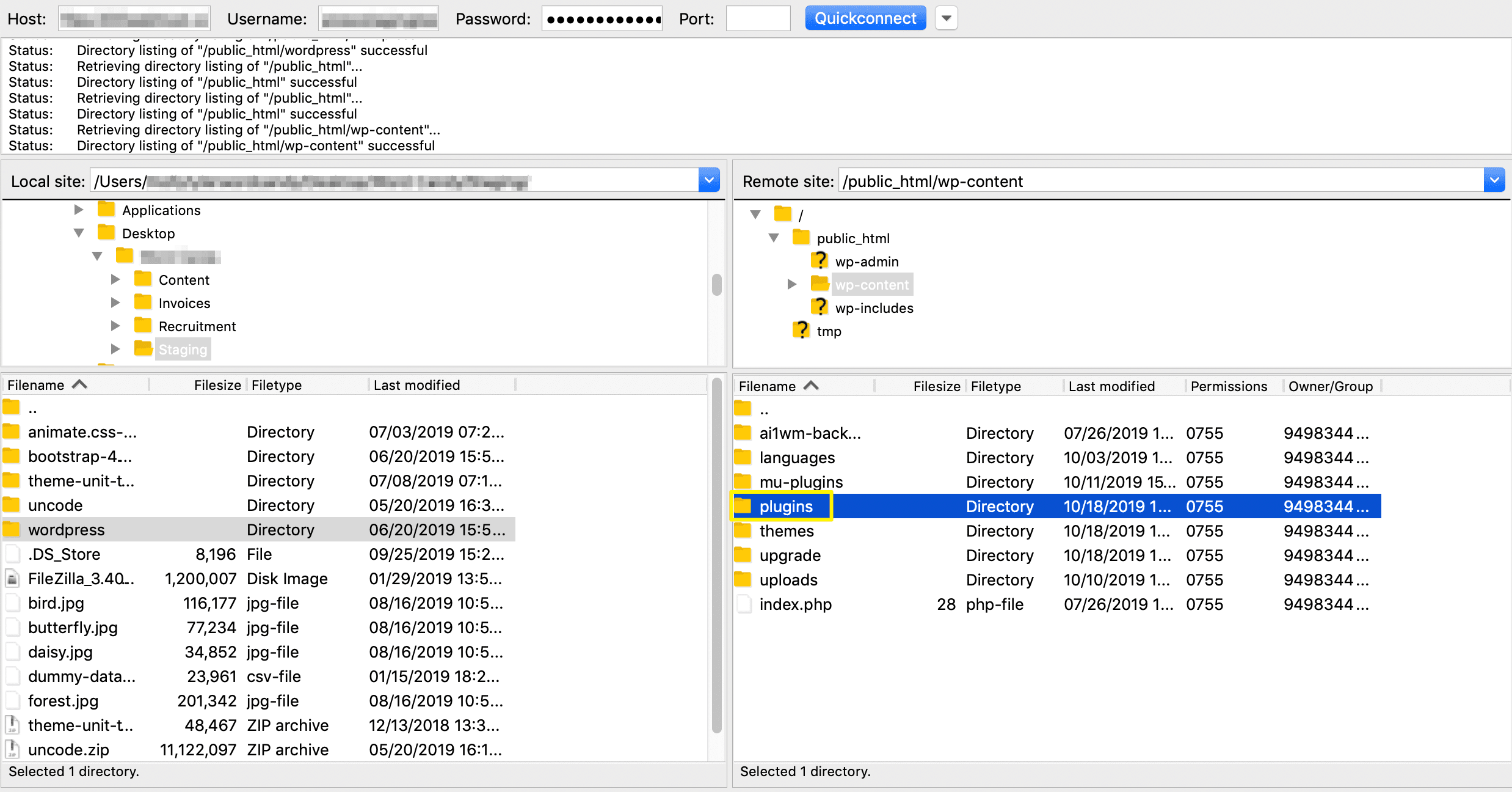 Accessing the plugin directory via FTP.