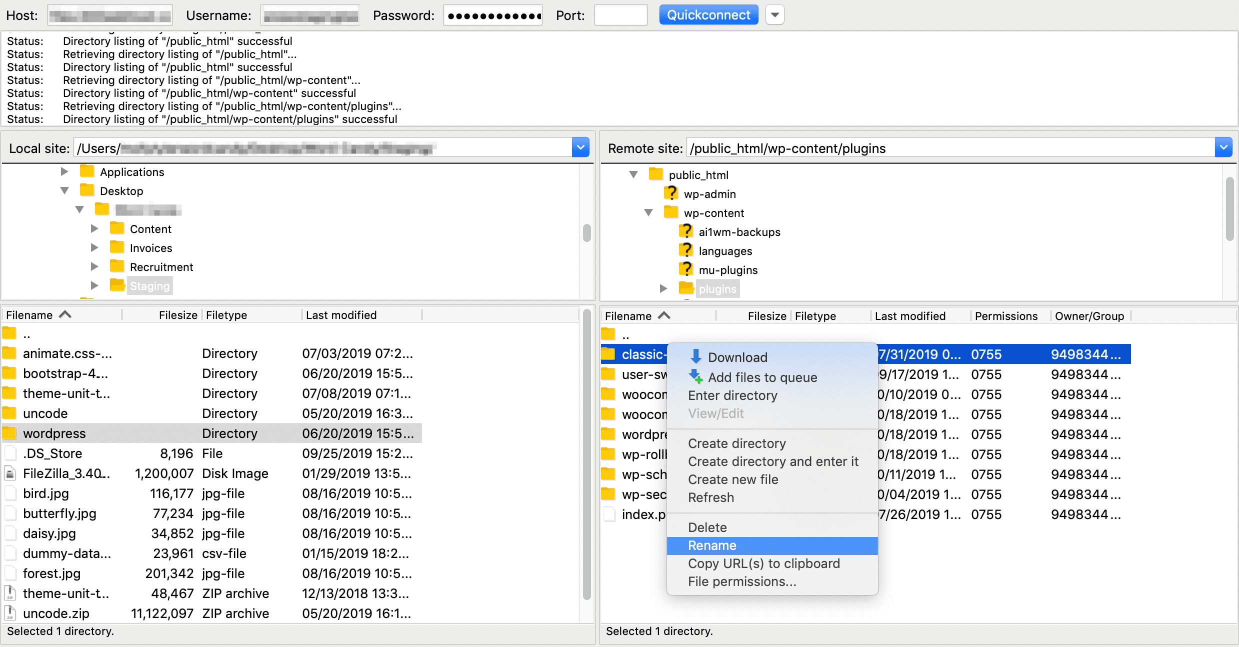 Renaming a plugin file via FTP.