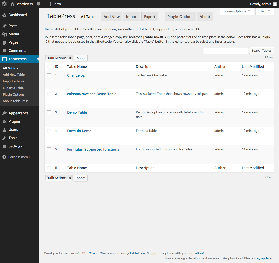 The TablePress Tables list in the WordPress back end.