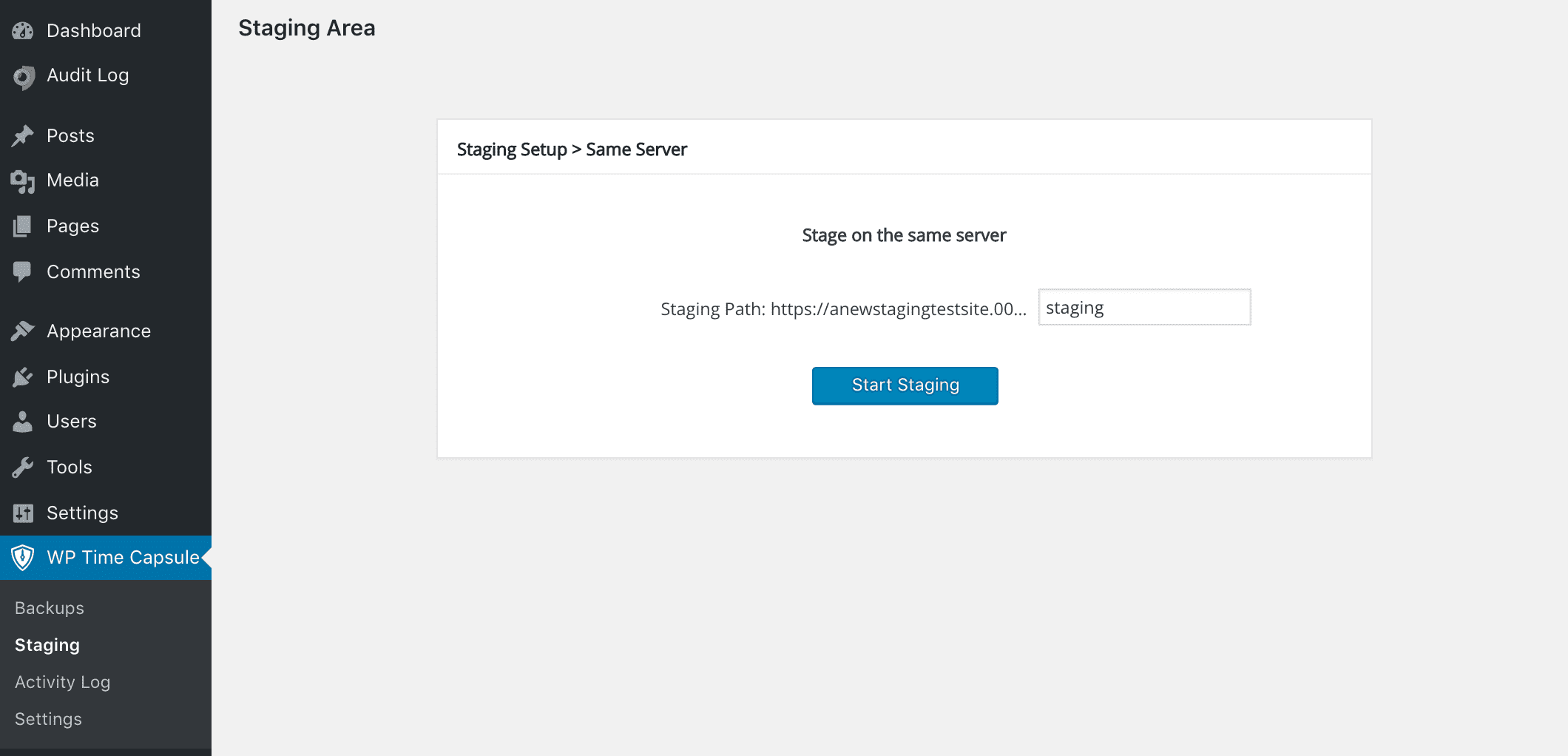Setting up a new staging site in WP Time Capsule.