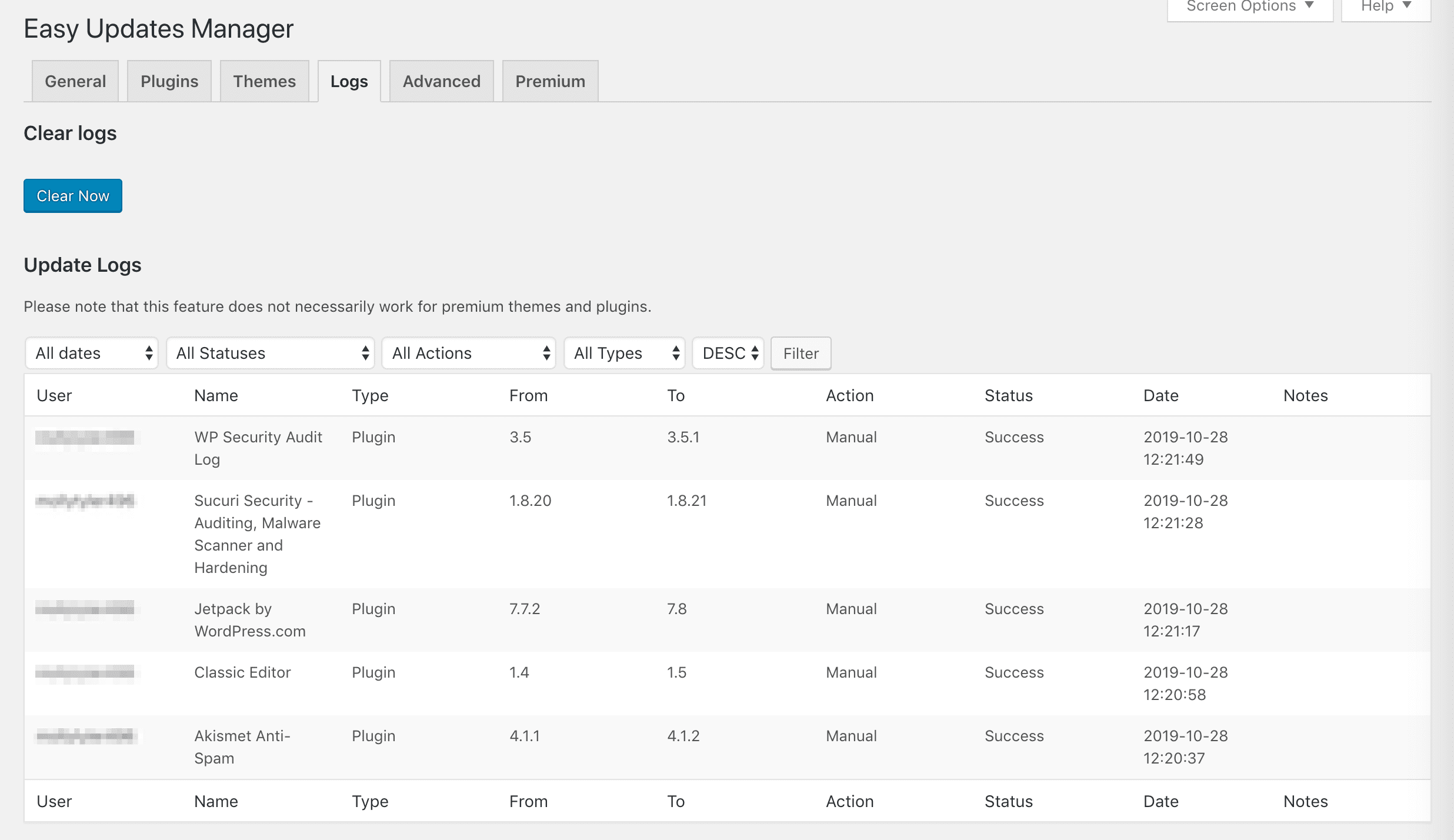 The Easy Updates Manager log.