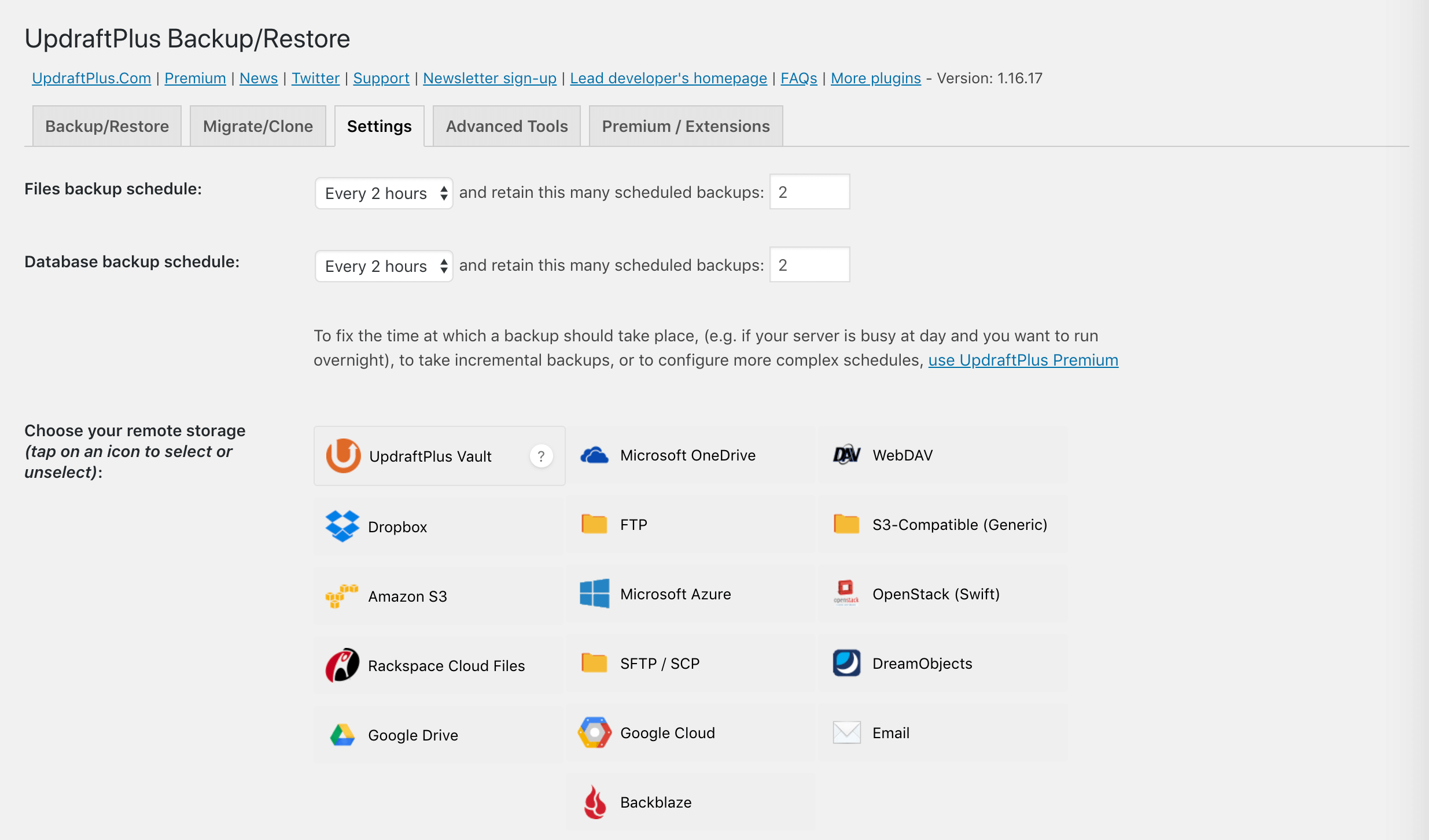 The UpdraftPlus settings page.