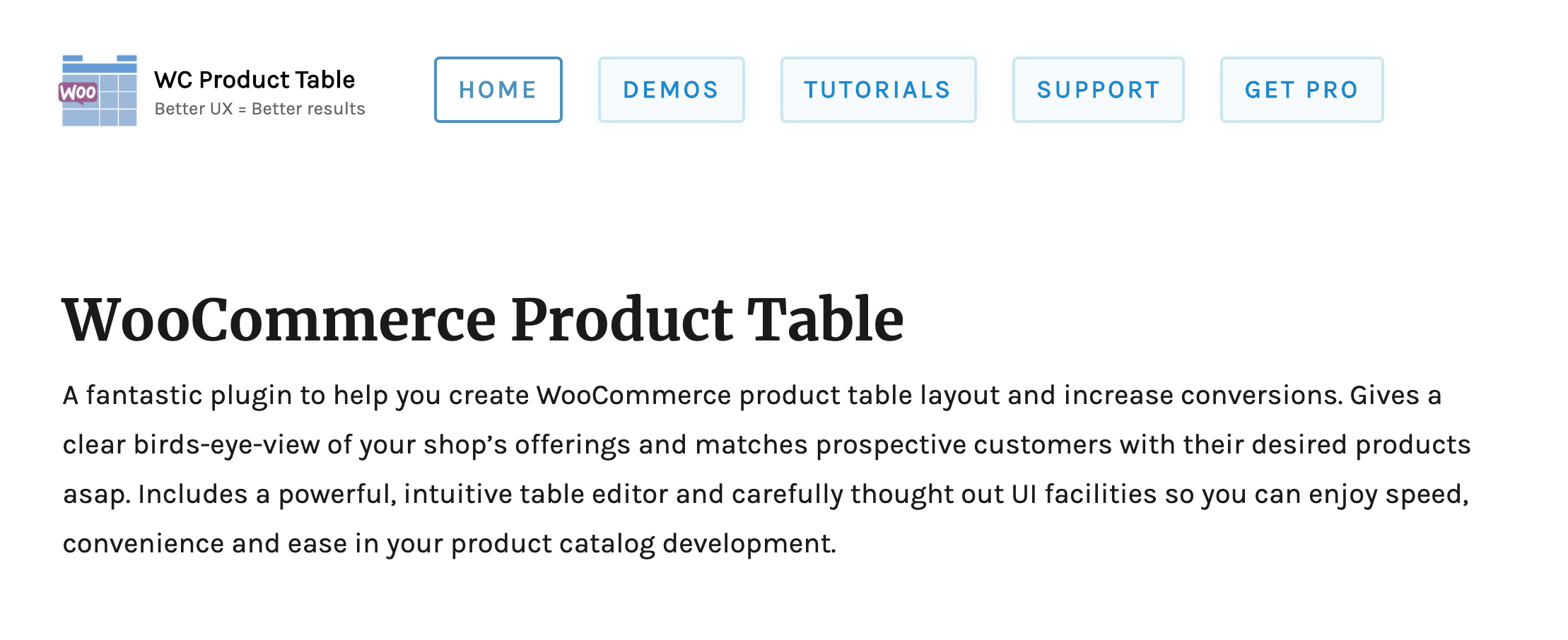 The WooCommerce Product Table homepage.