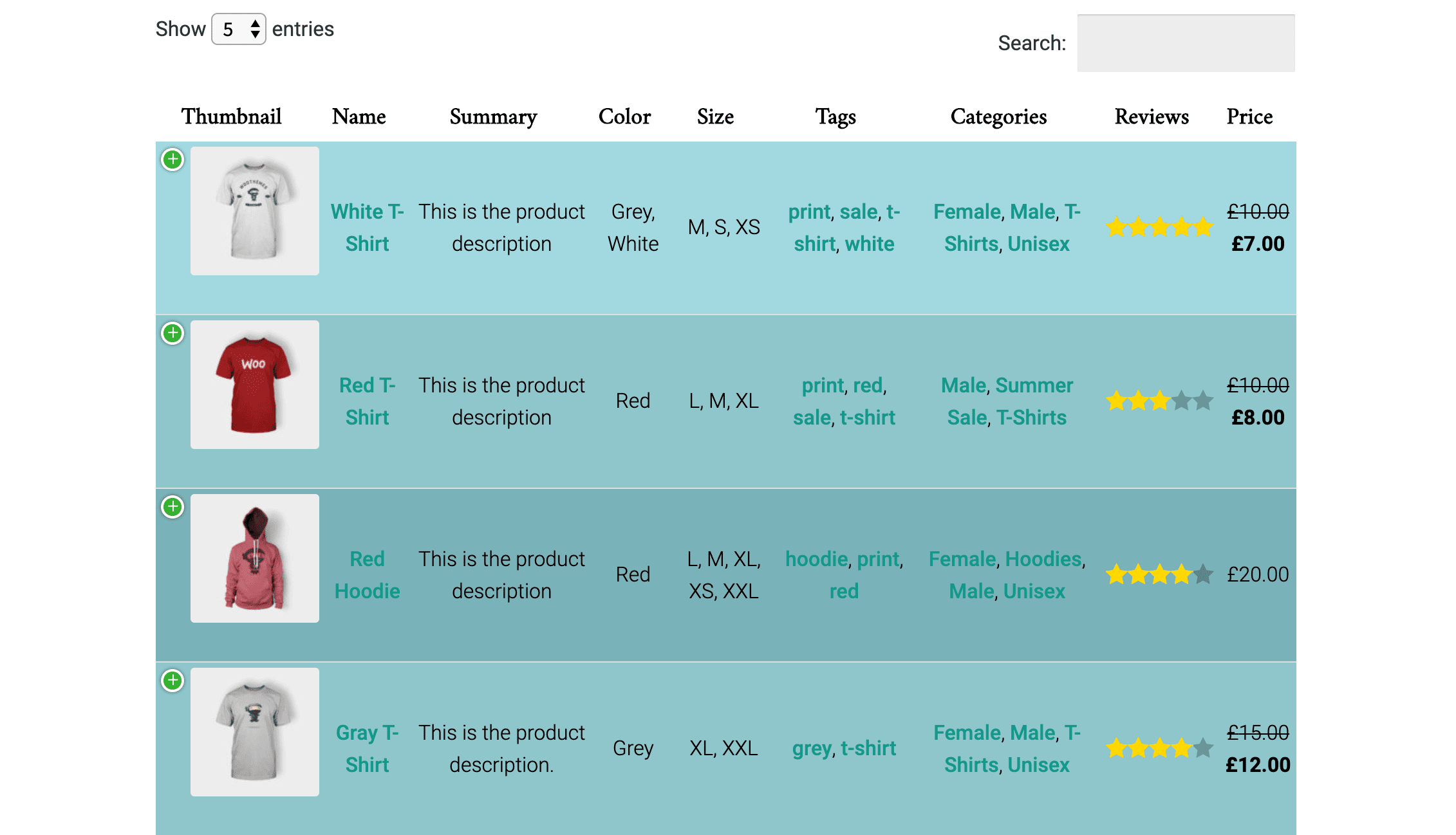 A table created using Woo Product Table by Supsystic.