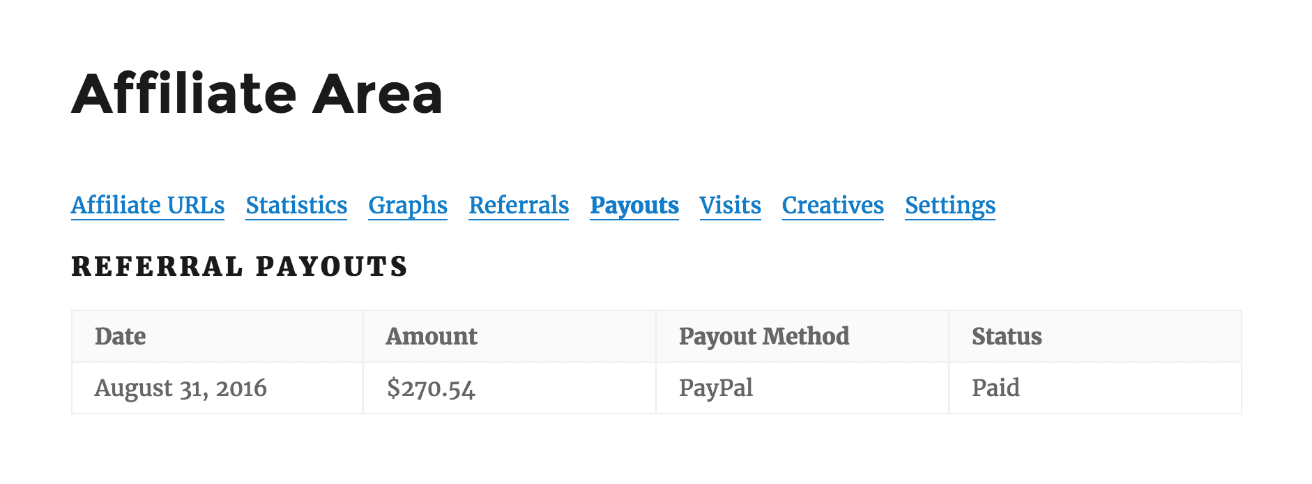 The affiliate payouts screen in an AffiliateWP member account.