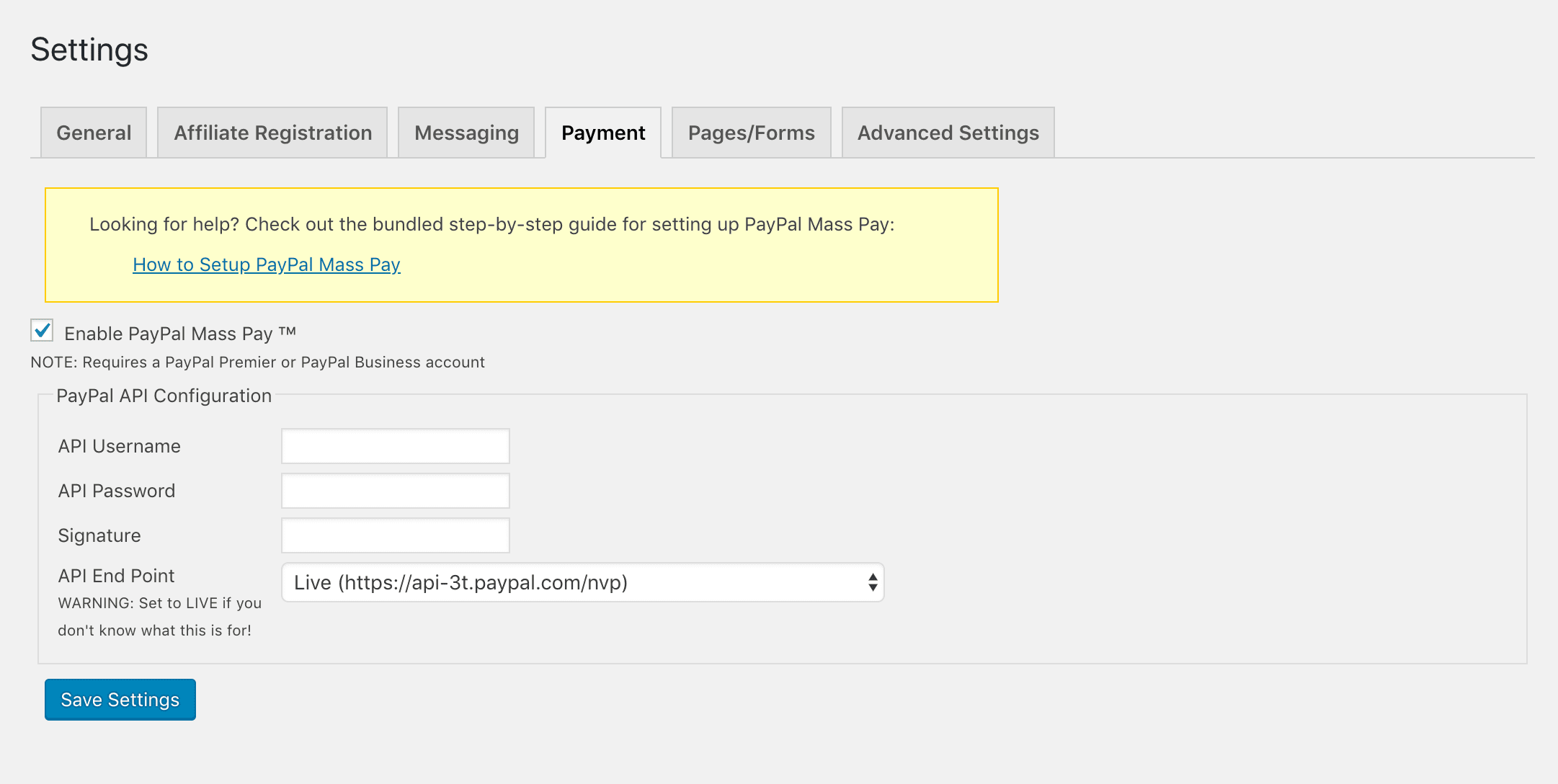 Enabling mass payouts in WordPress Affiliate Manager.