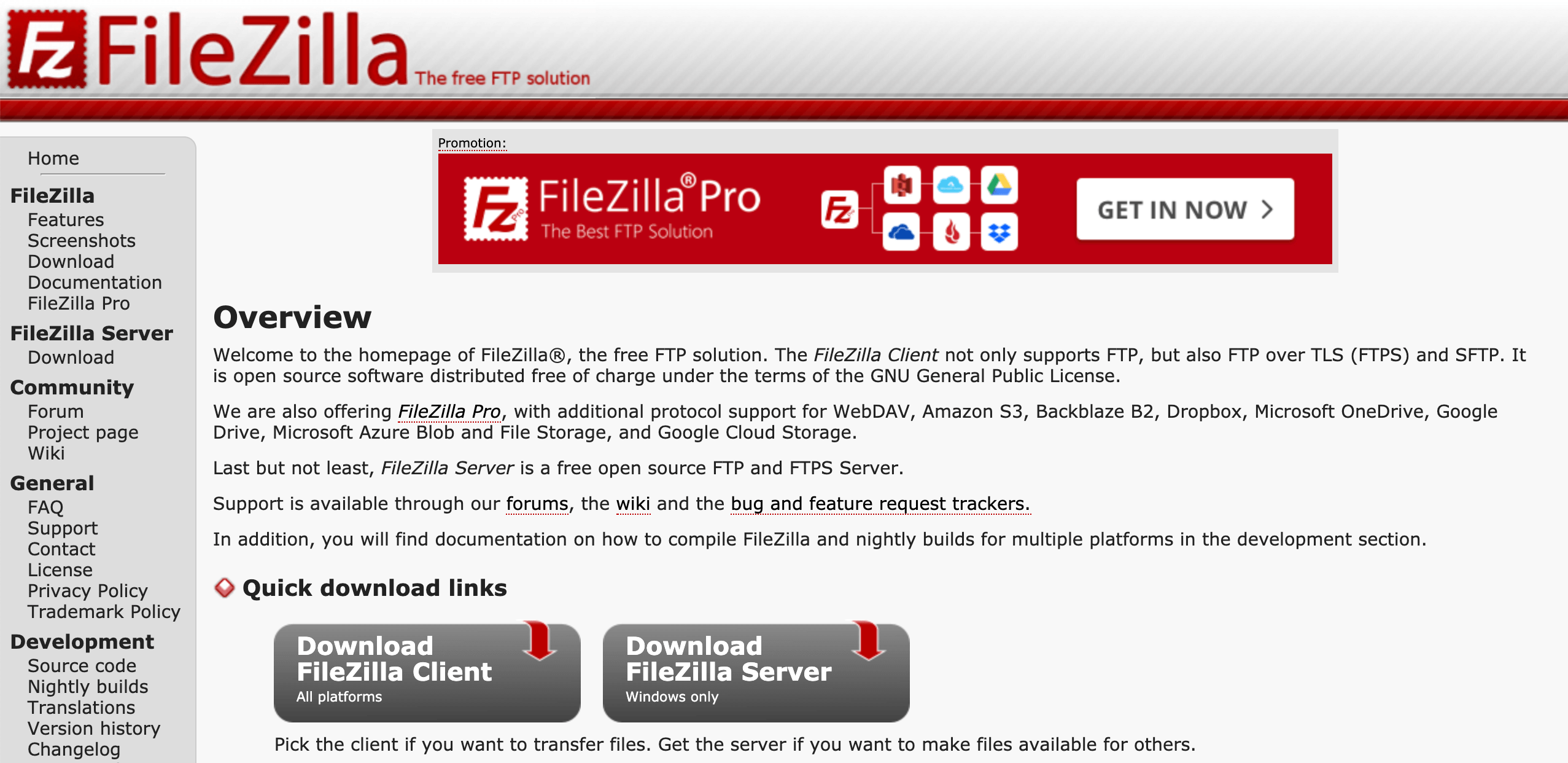 The homepage for FileZilla, an open-source FTP client.