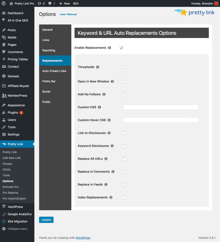 The Pretty Links settings page.