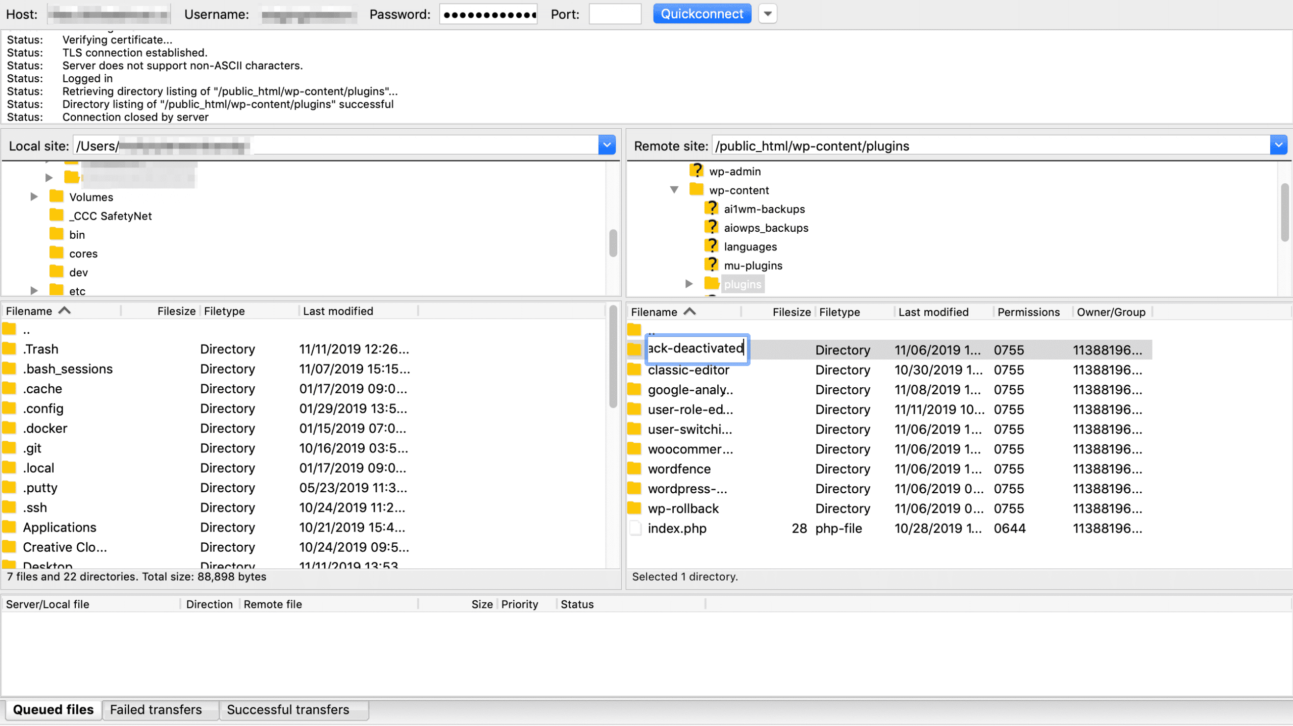 Renaming a plugin folder in FileZilla.