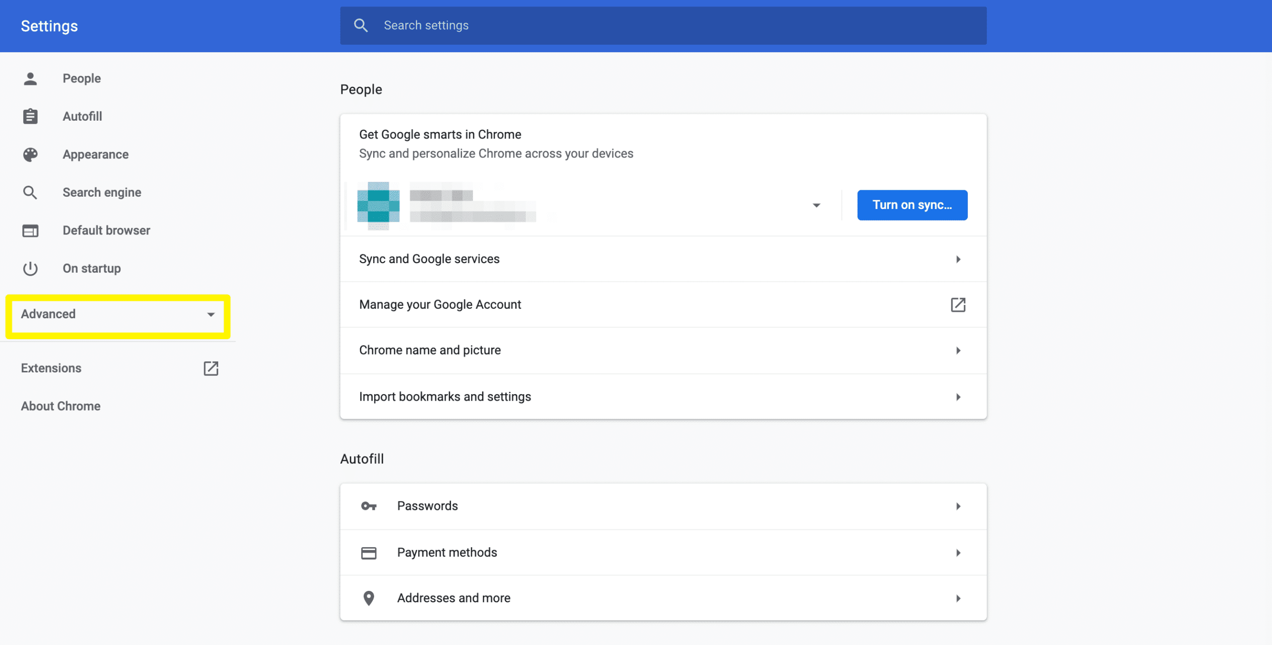 Chrome's advanced settings.