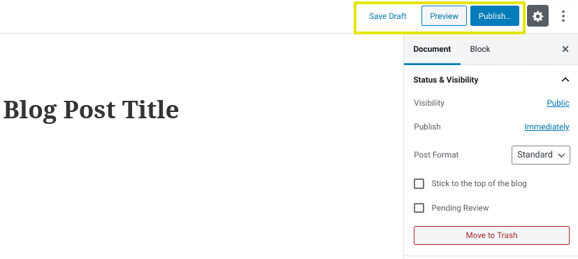 The buttons to save, preview, and publish a blog post in WordPress.