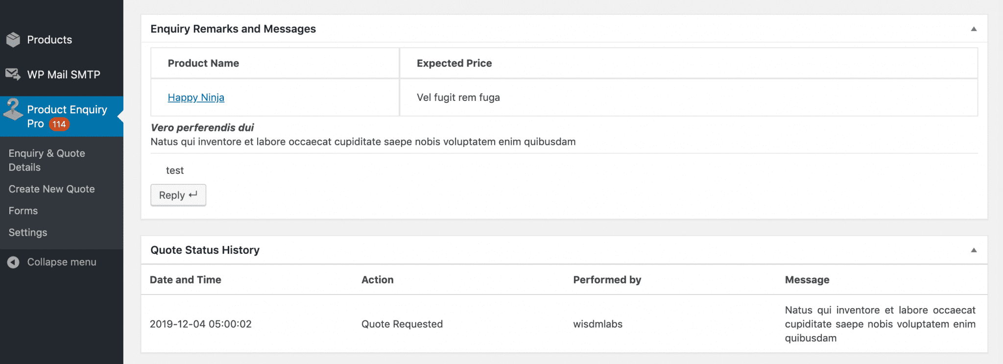 Responding to a client inquiry in WordPress.