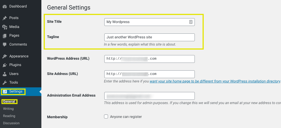 The settings page in WordPress to change the site title and tagline.