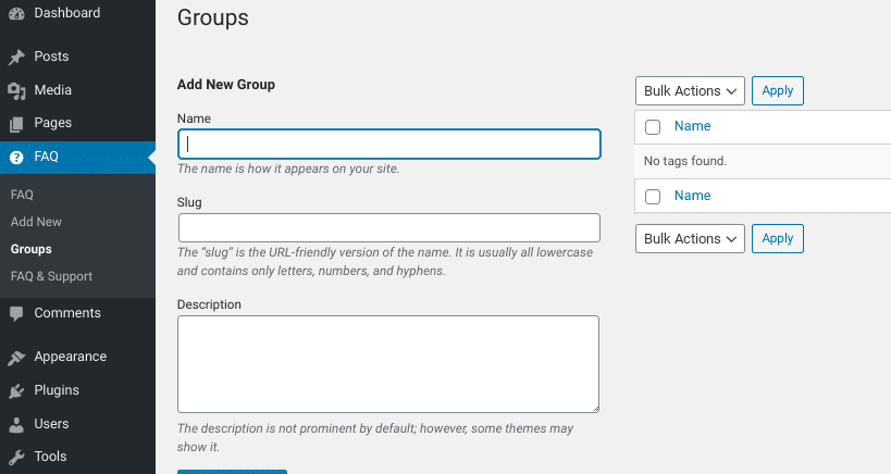 The FAQ Group settings page from Arconix FAQ