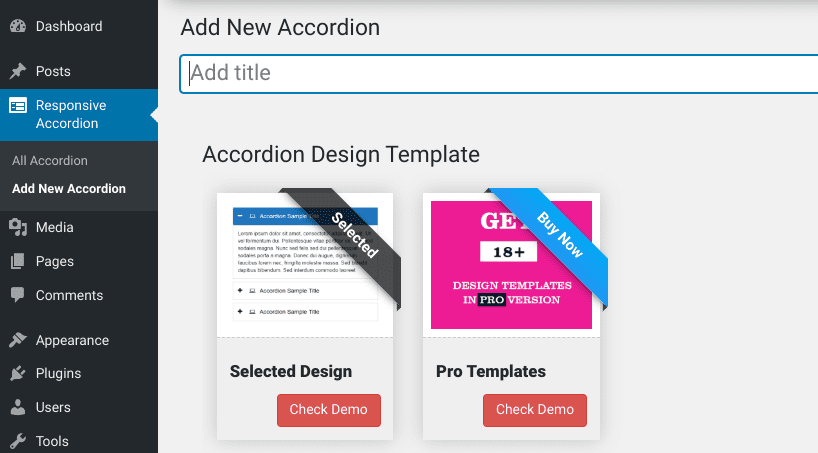 The Responsive Accordion item in the WordPress sidebar