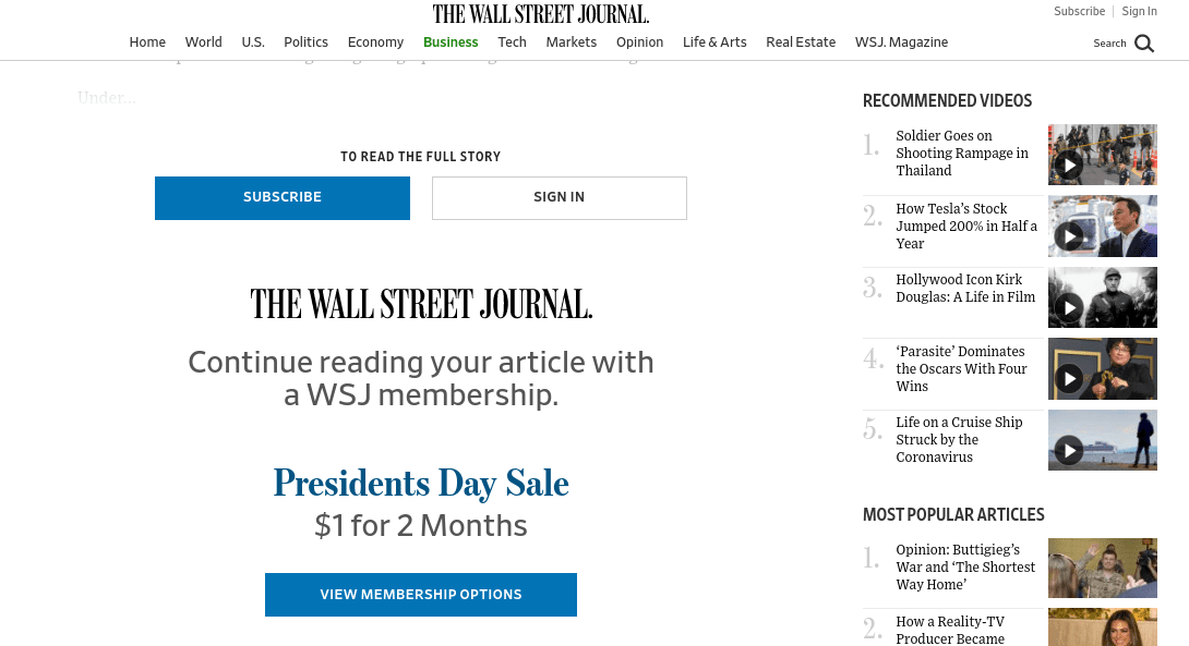 A paywall on The Wall Street Journal website.