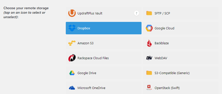 UpdraftPlus' remote storage options.