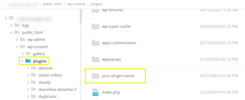 A WordPress plugin folder in the WordPress directory.