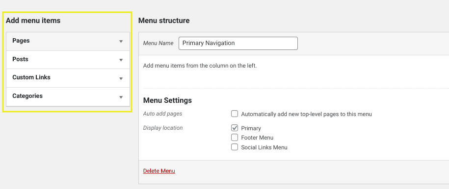 The 'add menu items' section in WordPress.