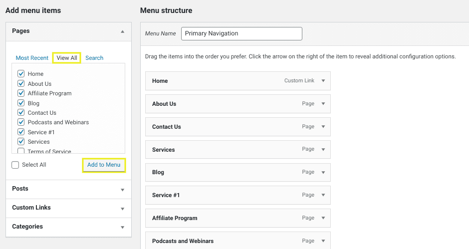 Adding pages to a WordPress custom menu.