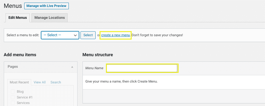 The screen to create a custom menu in WordPress.